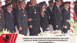 Danrem 142/Tatag Hadiri Upacara Peringatan Hari Lahir Pancasila Tingkat Provinsi Sulbar Dan Syukuran Hut Polda Sulbar Ke-10