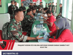 Prajurit Kodim 0721/Blora Antusias Donor Darah Sambut HUT Ke-81 TNI