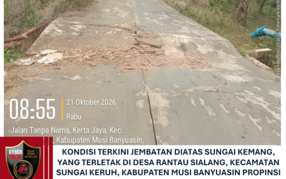Kondisi terkini jembatan diatas sungai Kemang, yang terletak di desa rantau Sialang, kecamatan sungai keruh, Kabupaten Musi Banyuasin Propinsi Sumatera Selatan sangat mengkhawatirkan.